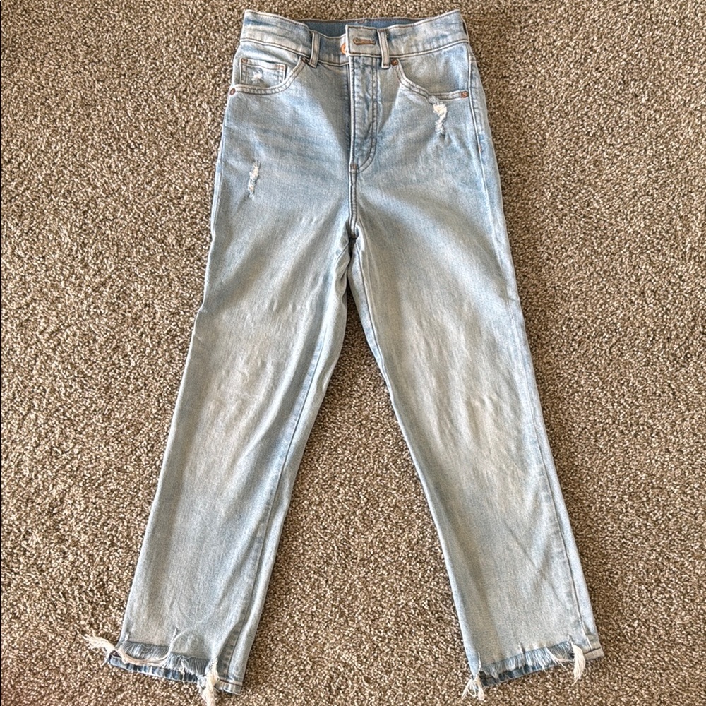 Express Blue Straight Leg Jeans with Raw Hem
